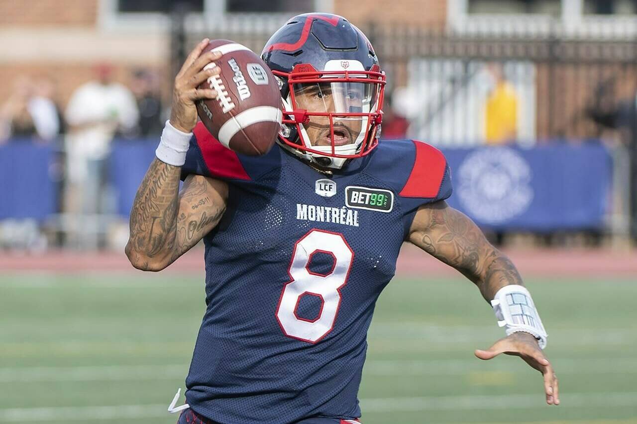 Montreal Alouettes quarterback Vernon Adams Jr.runs with the ball against the Ottawa Redblacks during second half CFL football action in Montreal, Monday, October 11, 2021. THE CANADIAN PRESS/Graham Hughes