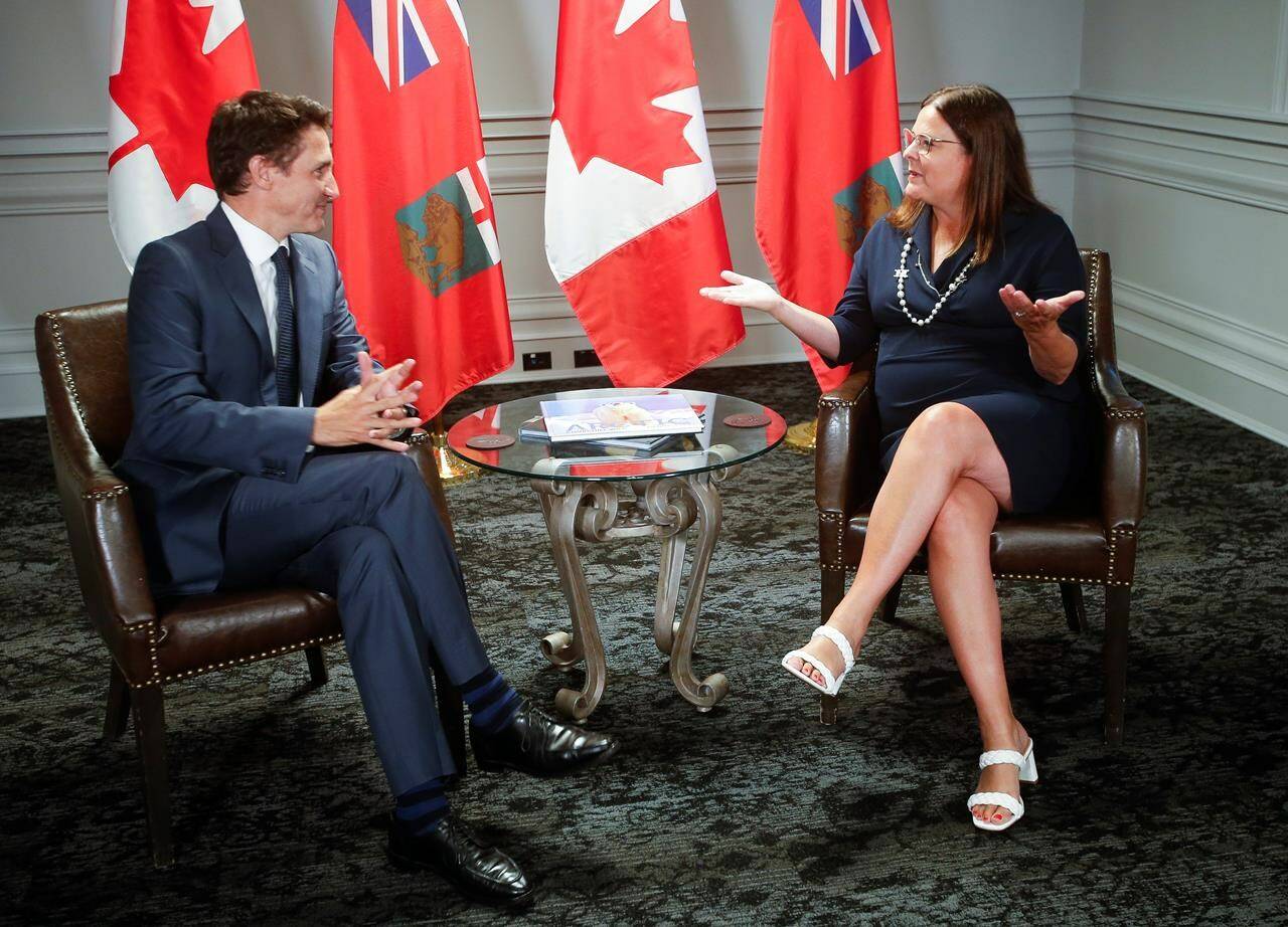 Prime Minister Justin Trudeau meets with Manitoba Premier Heather Stefanson at the Hotel Fort Garry in Winnipeg on Sept. 1, 2022. Trudeau spent the day in Winnipeg. THE CANADIAN PRESS/John Woods