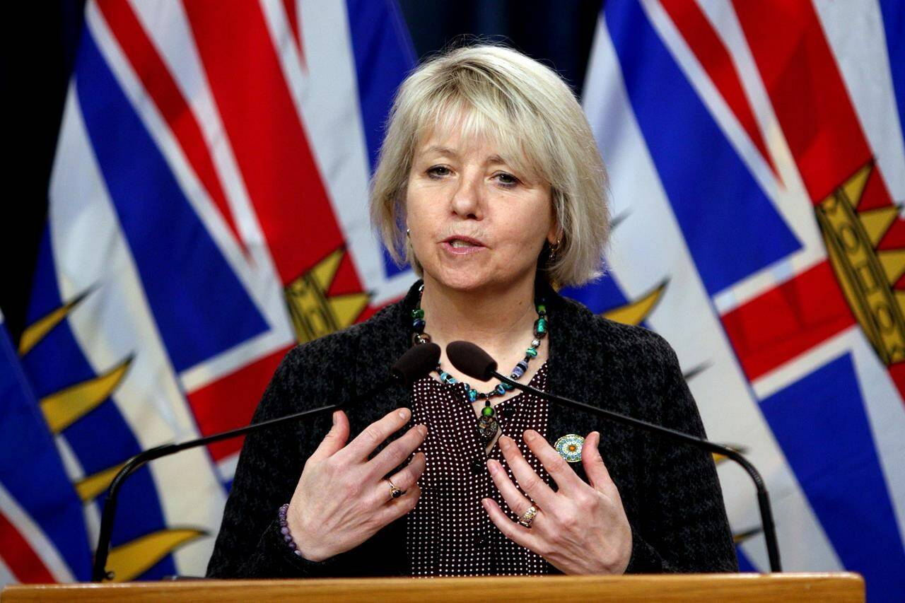 Provincial health officer Dr. Bonnie Henry talks during a COVID-19 update in the press theatre at the legislature in Victoria, B.C., on Thursday, March 10, 2022. THE CANADIAN PRESS/Chad Hipolito