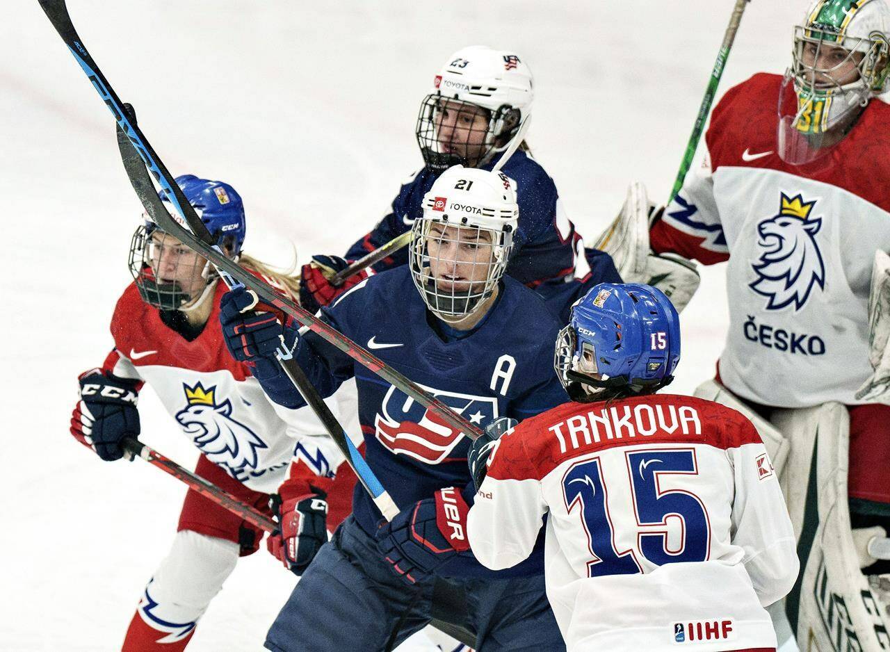 Hilary Knight of the USA, centre, in action, during the IIHF World Championship Women’s hockey semi-final match between USA and the Czech Republic, in Herning, Denmark, Saturday, Sept. 3, 2022. (Henning Bagger/Ritzau Scanpix via AP)
