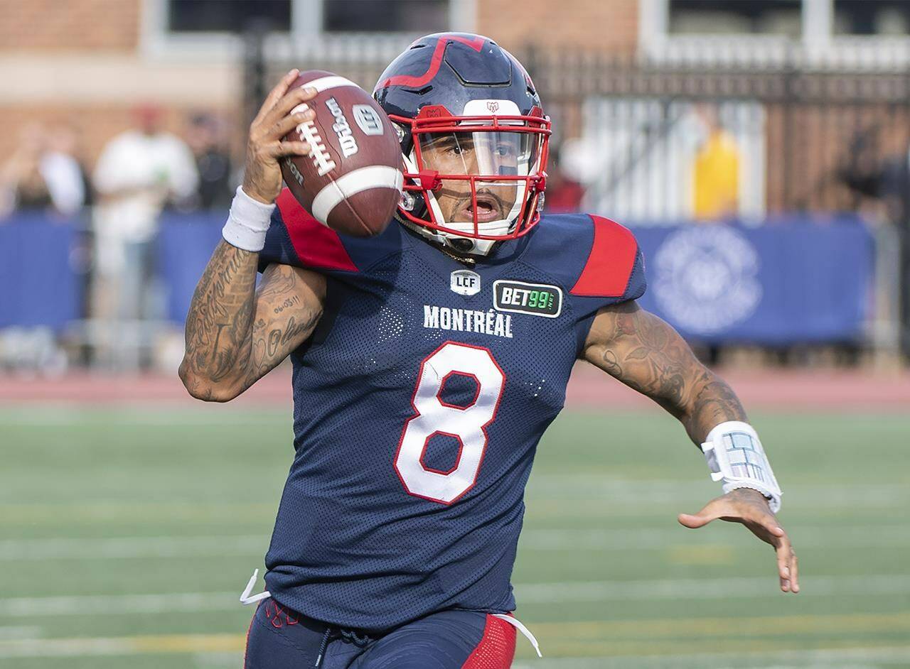 Montreal Alouettes quarterback Vernon Adams Jr. runs with the ball against the Ottawa Redblacks during second half CFL football action in Montreal, Monday, October 11, 2021. Adams Jr. sees opportunity with the B.C. Lions, the team he joined via a trade last week. THE CANADIAN PRESS/Graham Hughes