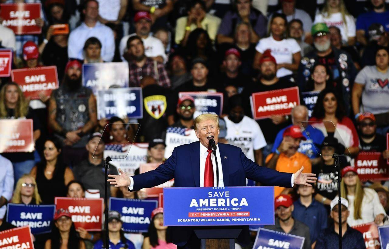 Former President Donald Trump speaks during a rally at the Mohegan Sun Arena in Wilkes-Barre Township, Pa., Saturday, Sept. 3, 2022. (Sean McKeag/The Citizens’ Voice via AP)