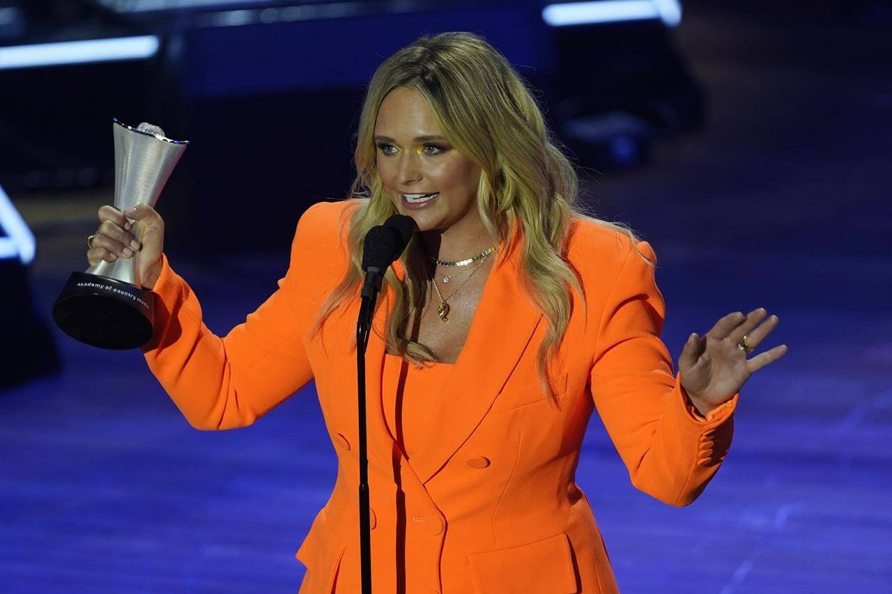 Miranda Lambert accepts the Triple Crown Award during the Academy of Country Music Honors award show Wednesday, Aug. 24, 2022, in Nashville, Tenn. (AP Photo/Mark Humphrey)