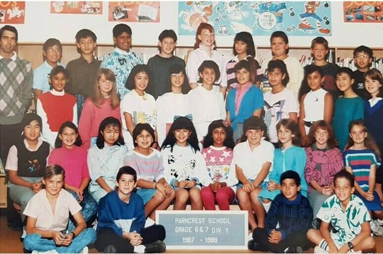 U.K. Prime Minister Liz Truss (middle row, second from left) is seen in a photo she posted to Instagram on July 1, 2018, showing her with classmates from Grades 6 and 7 at Parkcrest Elementary School, in Burnaby, British Columbia. Truss spent 1987-1988 at Parkcrest. Classmate Brenda Montagano, now a teacher at Parkcrest, is in the back row, fifth from left. THE CANADIAN PRESS/HO-Instagram/Liz Truss