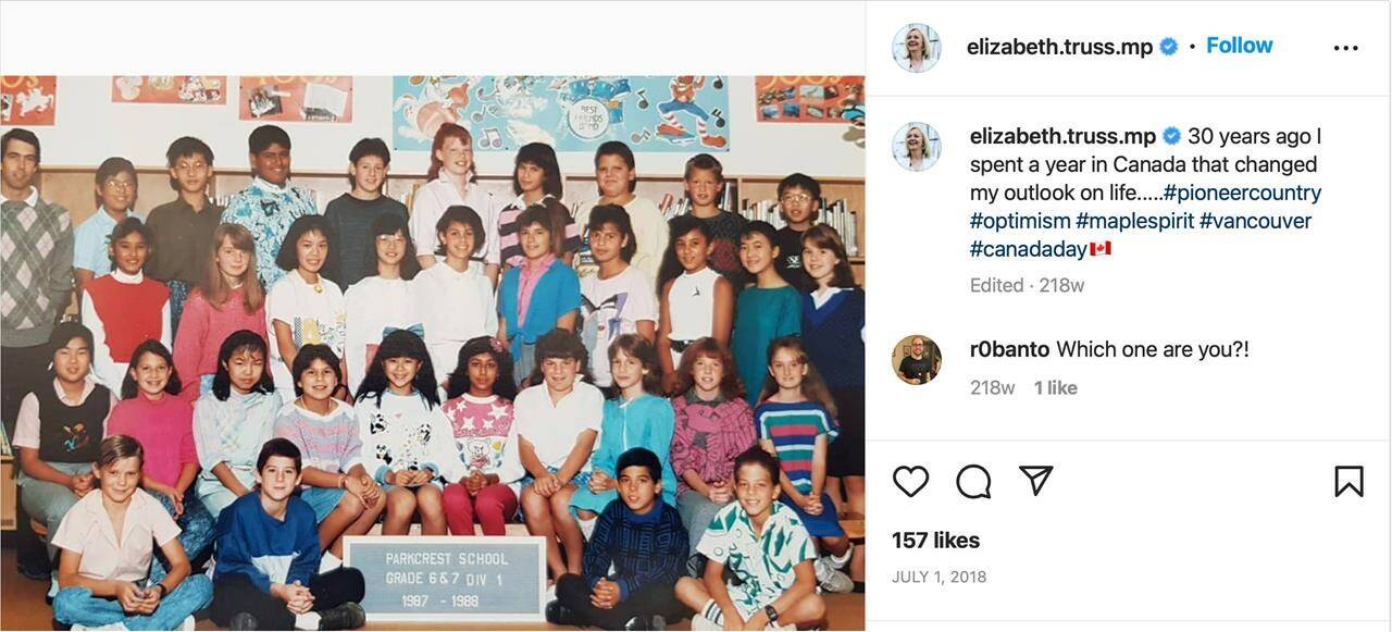 U.K. Prime Minister Liz Truss (middle row, second from left) is seen in a photo she posted to Instagram on July 1, 2018, showing her with classmates from Grades 6 and 7 at Parkcrest Elementary School, in Burnaby, British Columbia. Truss spent 1987-1988 at Parkcrest. Classmate Brenda Montagano, now a teacher at Parkcrest, is in the back row, fifth from left. THE CANADIAN PRESS/HO-Instagram/Liz Truss