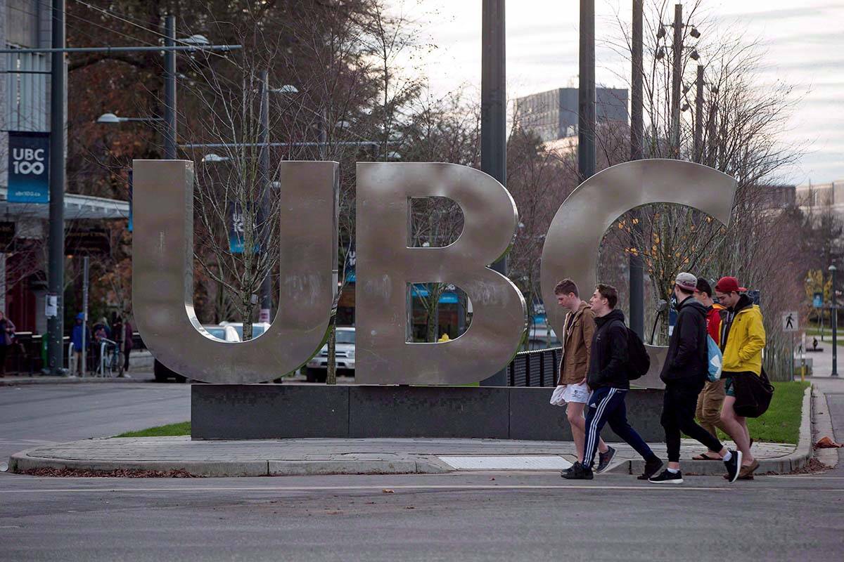People walk past large letters spelling out UBC at the University of British Columbia in Vancouver in 2015. On Sept. 8, 2022, the federal government a $500,000 investment in B.C.’s training series on sexualized violence at post-secondary institutions. THE CANADIAN PRESS/Darryl Dyck