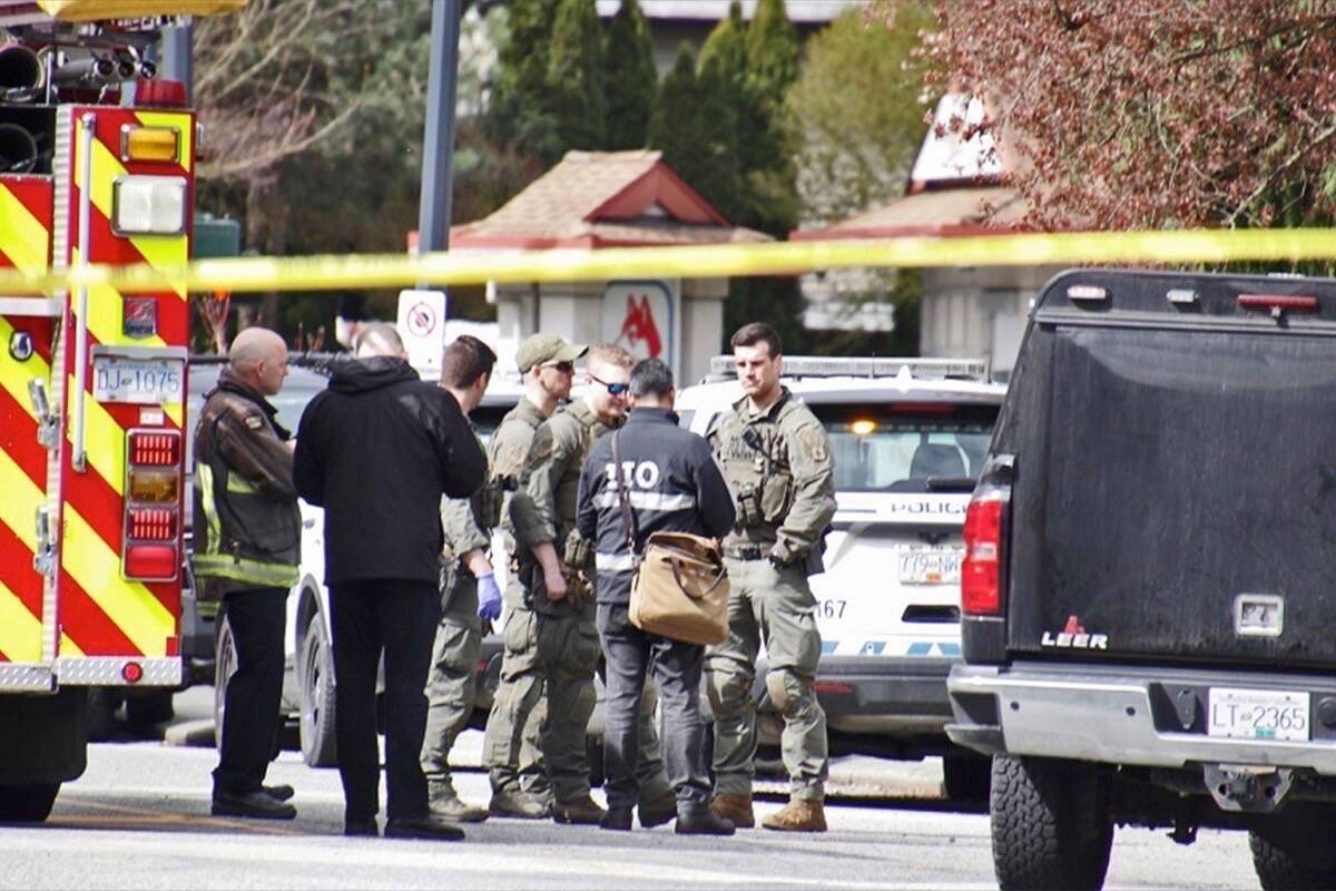 The Independent Investigation Office is on the scene after police shot a man in Whalley during a ‘wellness’ check on Friday, April 8, 2022. (Photo: Shane MacKichan)