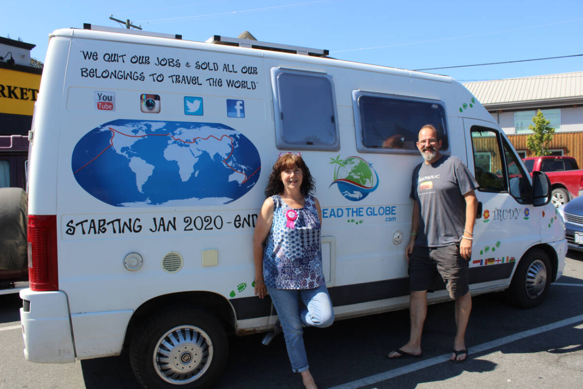 The famous Tread The Globe van, Trudy, is being seen around Chemainus while Marianne and Chris Fisher are taking a break before their next adventure. (Photo by Don Bodger)