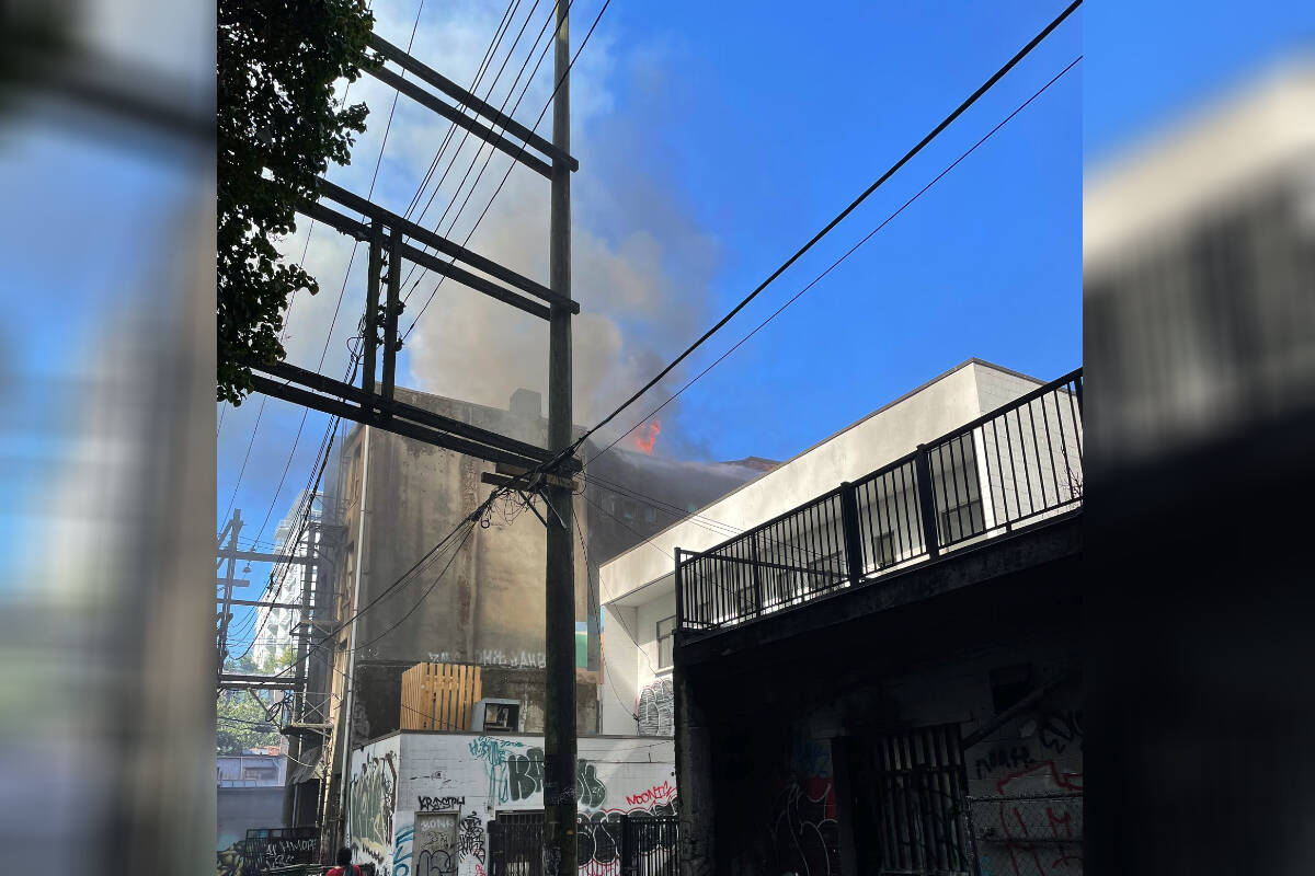 A fire has broken out on Keefer Street in Vancouver’s Chinatown after a series of explosions (Mark Atomos Pilon/Twitter)