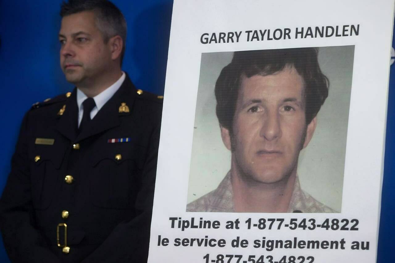 A photo of Garry Taylor Handlen, convicted in the 1978 murder of Monica Jack near Merritt, B.C., is displayed during a news conference in Surrey, B.C., Monday, Dec. 1, 2014. A unanimous ruling by the B.C. court of appeal rejects Garry Handlen’s argument that his confession of abducting, sexually assaulting and strangling 12-year-old Jack was based on media reports and should not have been admitted at trial. THE CANADIAN PRESS/Darryl Dyck