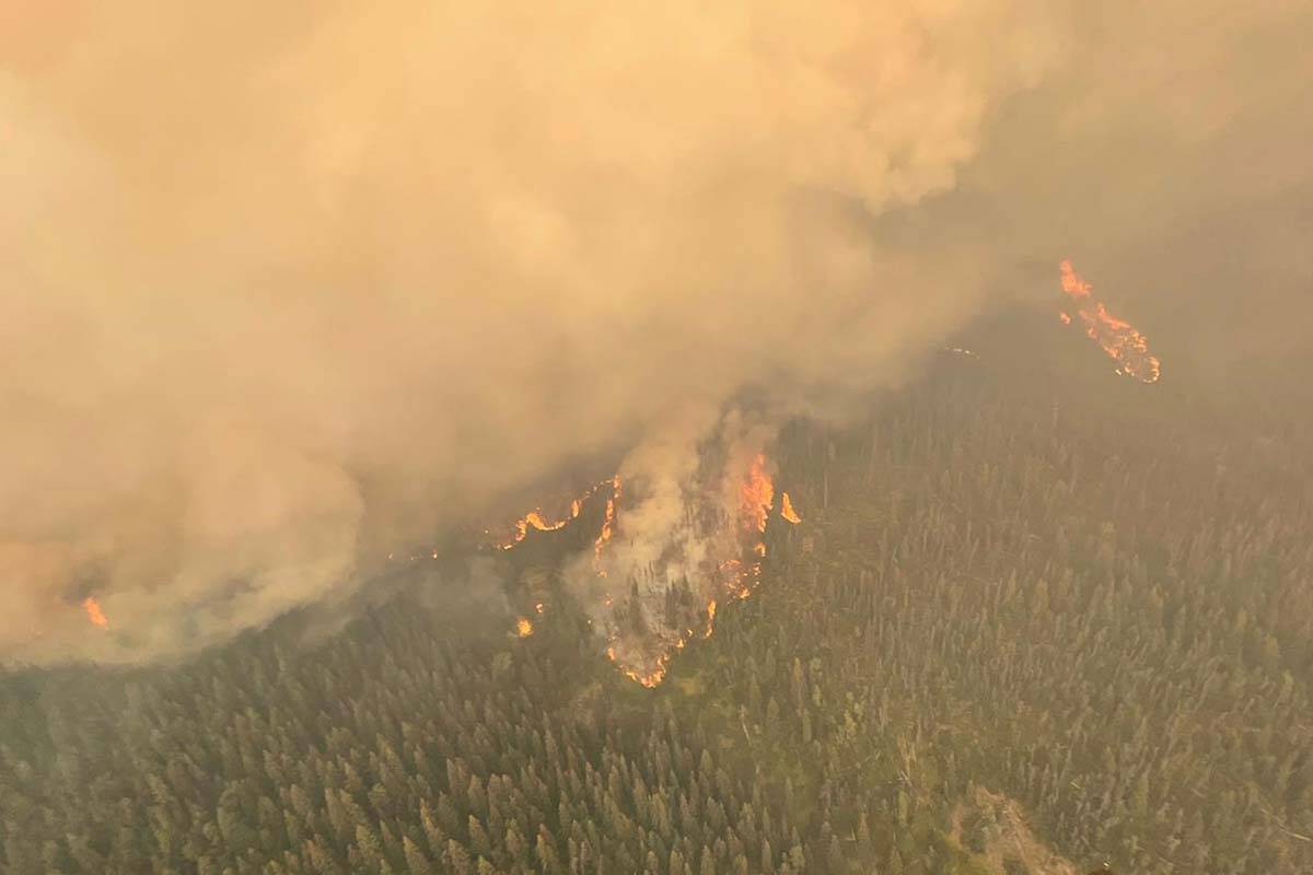The Battleship Mountain wildfire burning near Hudson’s Hope, as seen Sept. 10. The town, as well as surrounding areas in the Peace River Regional District, have since been evacuated. (Photo courtesy of BC Wildfire Service)