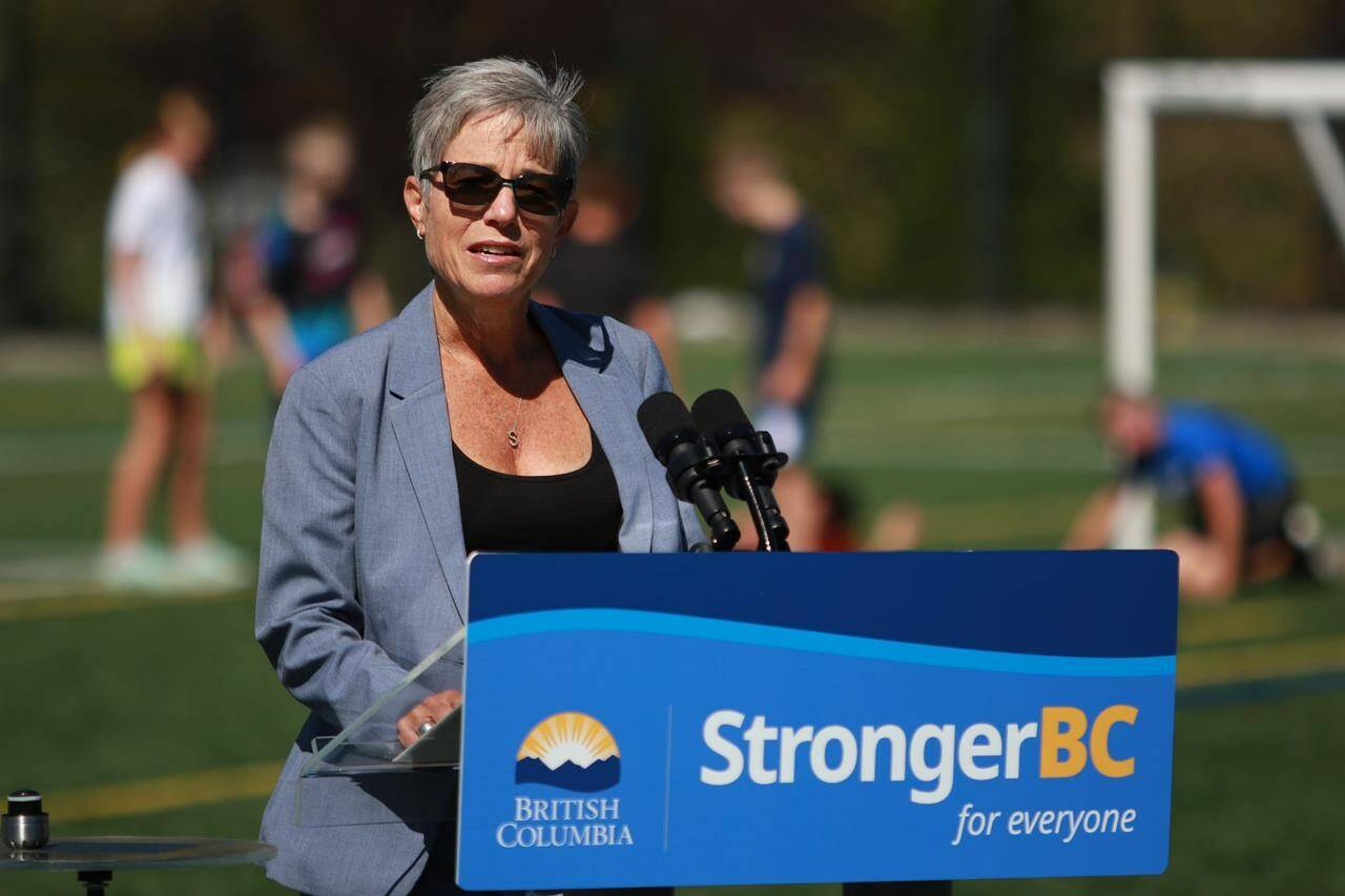Finance Minister Selina Robinson talks about financial aid due to inflation and the cost-of-living increases and support during a press conference at Goudy Field in Langford, B.C., on Wednesday, September 7, 2022. Robinson says preliminary financial numbers for the first three months of the current fiscal year show the province is in a strong position despite ongoing global economic risks. THE CANADIAN PRESS/Chad Hipolito