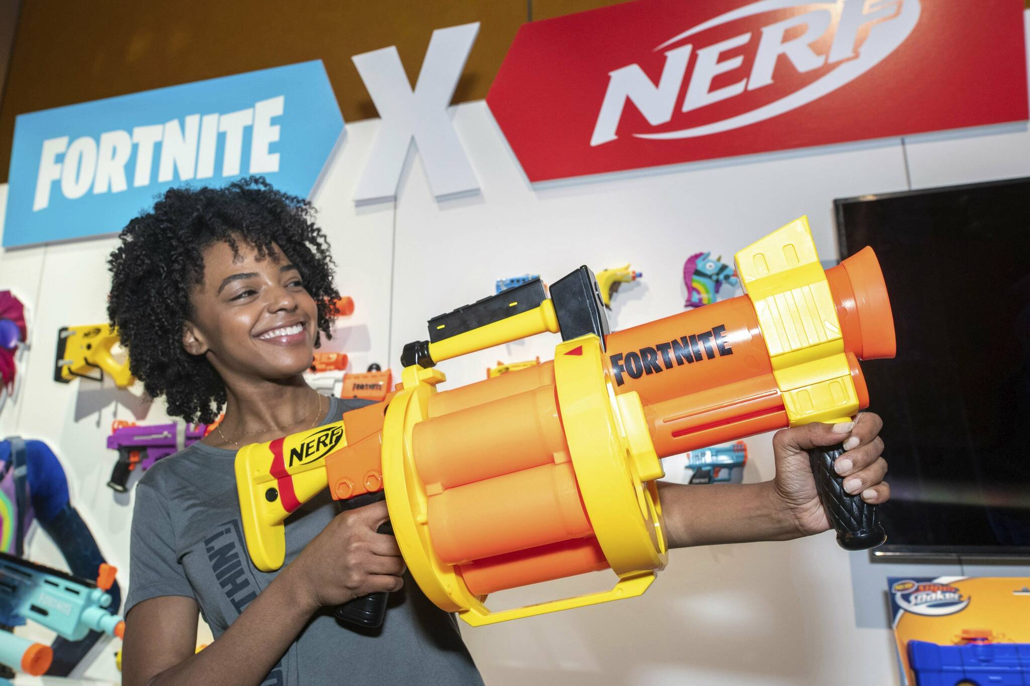 In this photo released on February 23, 2020 the NERF FORTNITE GL ROCKET FIRING Blaster is debuted at the Hasbro, Inc. Showroom during Toy Fair New York. . (Charles Sykes/AP Images for Hasbro)