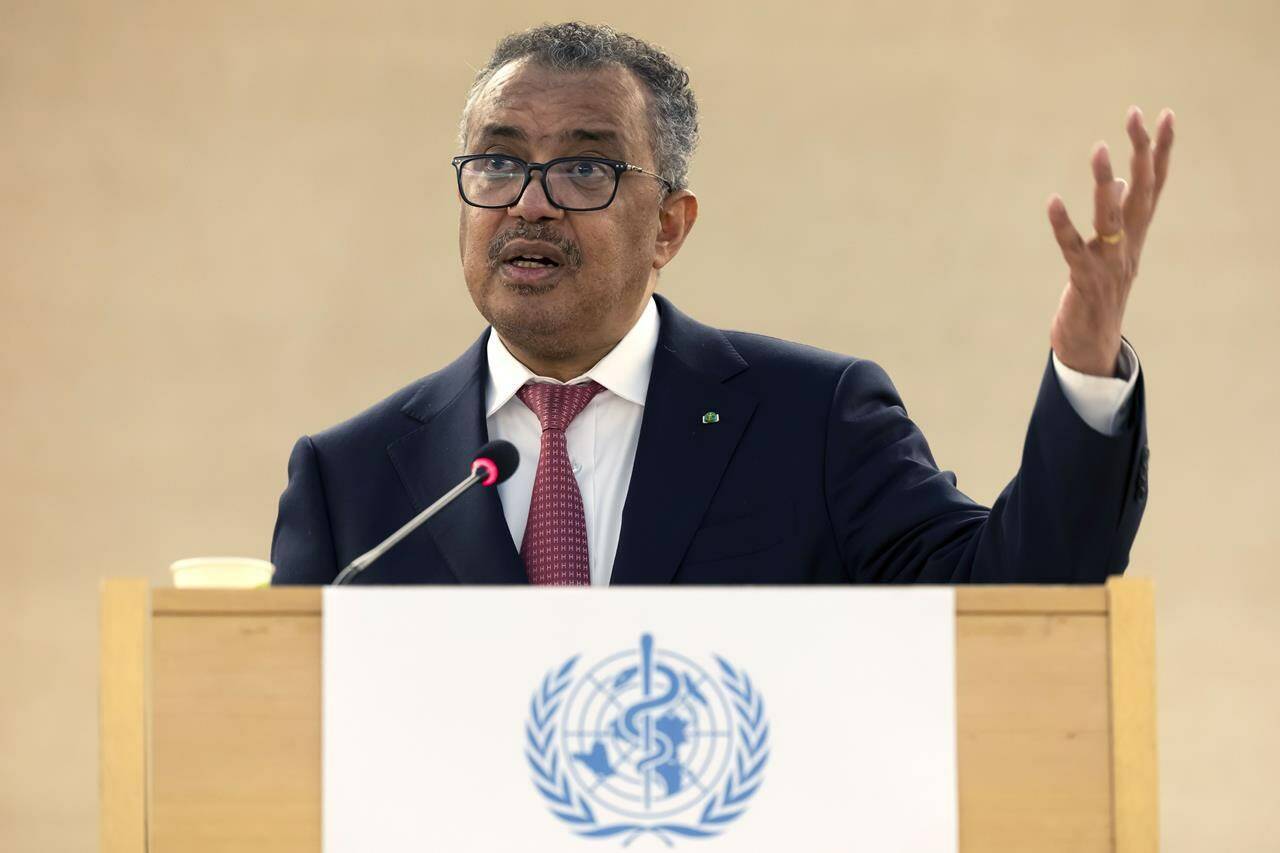 Tedros Adhanom Ghebreyesus, Director General of the World Health Organization (WHO) delivers a speech after his reelection, at the European headquarters of the United Nations in Geneva, Switzerland, on May 24, 2022. While the head of the World Health Organization says the end of the COVID-19 pandemic is “in sight,” some Canadian experts warn it would be premature to declare the global health crisis over.Salvatore Di Nolfi/Keystone via AP