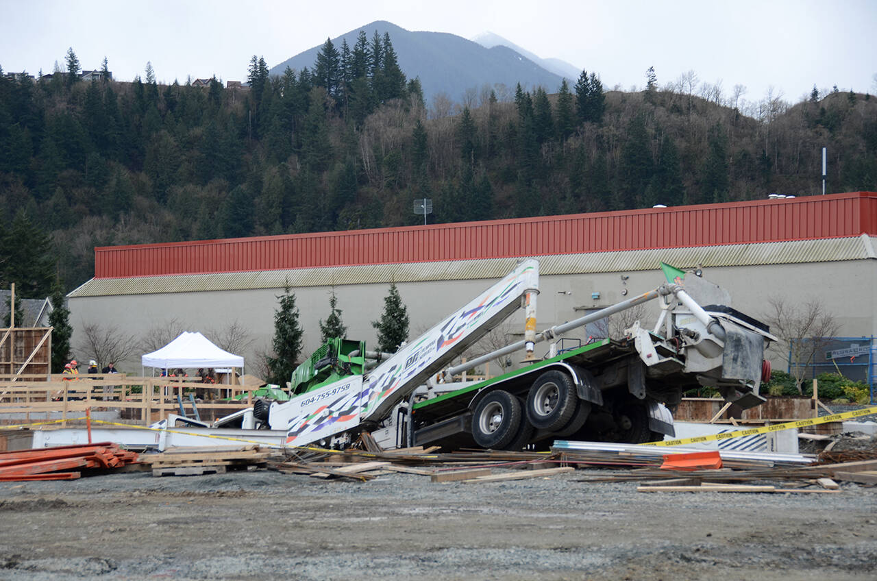 WorkSafeBC found that a manufacturing defect was responsible for a concrete pumper truck suddenly collapsing on two workers, one of whom was killed, on a Garrison Crossing construction site on March 11, 2016. (Paul J. Henderson file/Chilliwack Progress file)