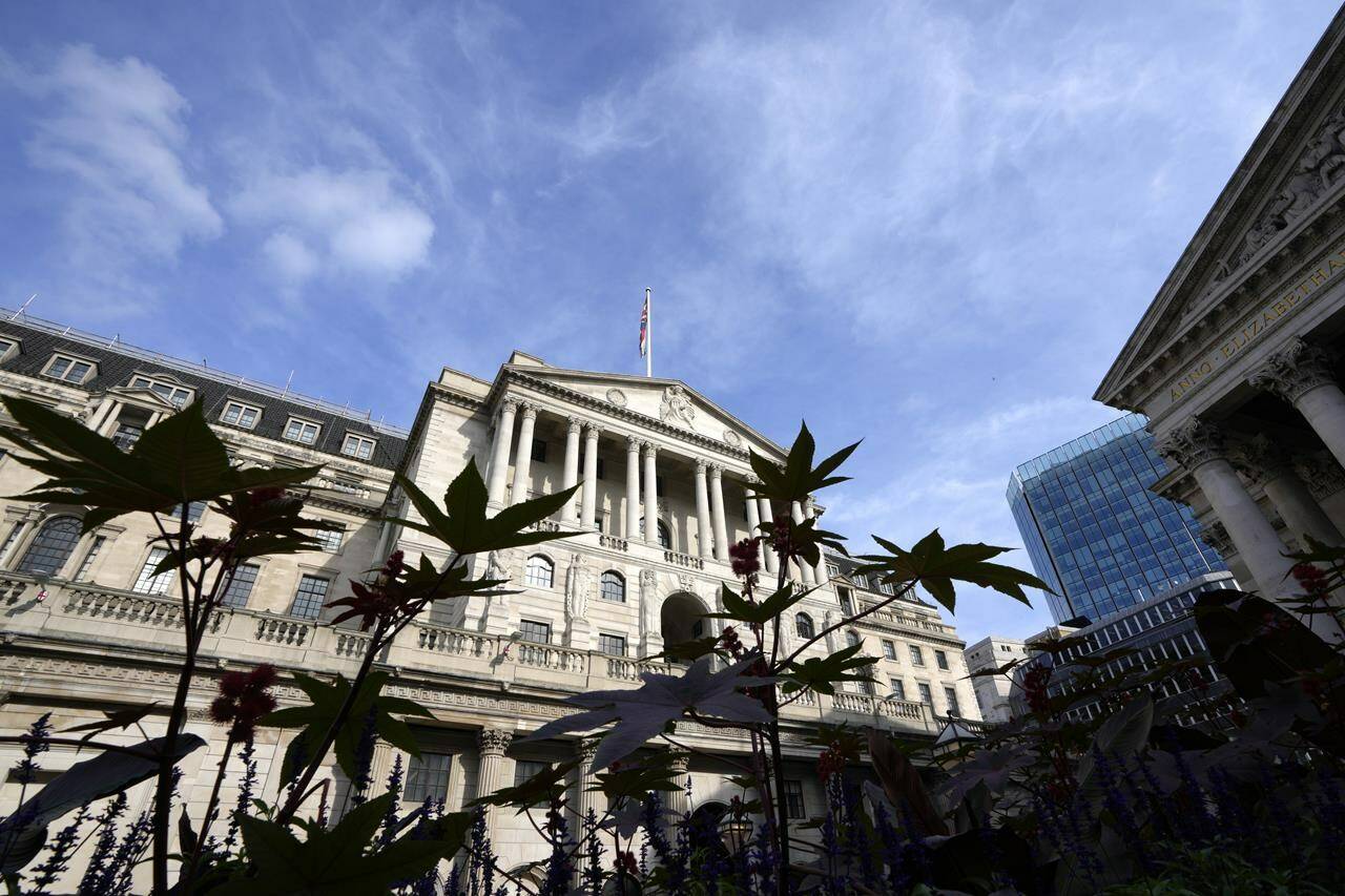 A view of The Bank of England in London, Thursday, Sept. 22, 2022. Britain’s central bank is under pressure to make another big interest rate hike Thursday. Inflation in the United Kingdom is outpacing other major economies, but the U.S. Federal Reserve and other banks are moving faster to get prices under control. (AP Photo/Kirsty Wigglesworth)
