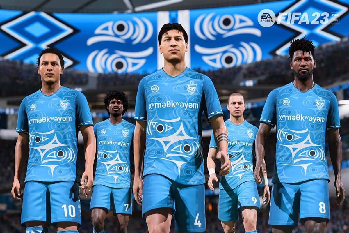 Players walk on a digital pitch wearing kits designed by Kelly Cannell in an undated handout screenshot from the video game FIFA 23. EA Sports turned to Musqueam visual artists, carvers, designers, and weavers to showcase Musqueam cultural elements in the new FIFA 23 video game, which is primarily made in EA Vancouver. THE CANADIAN PRESS/HO-Electronic Arts,