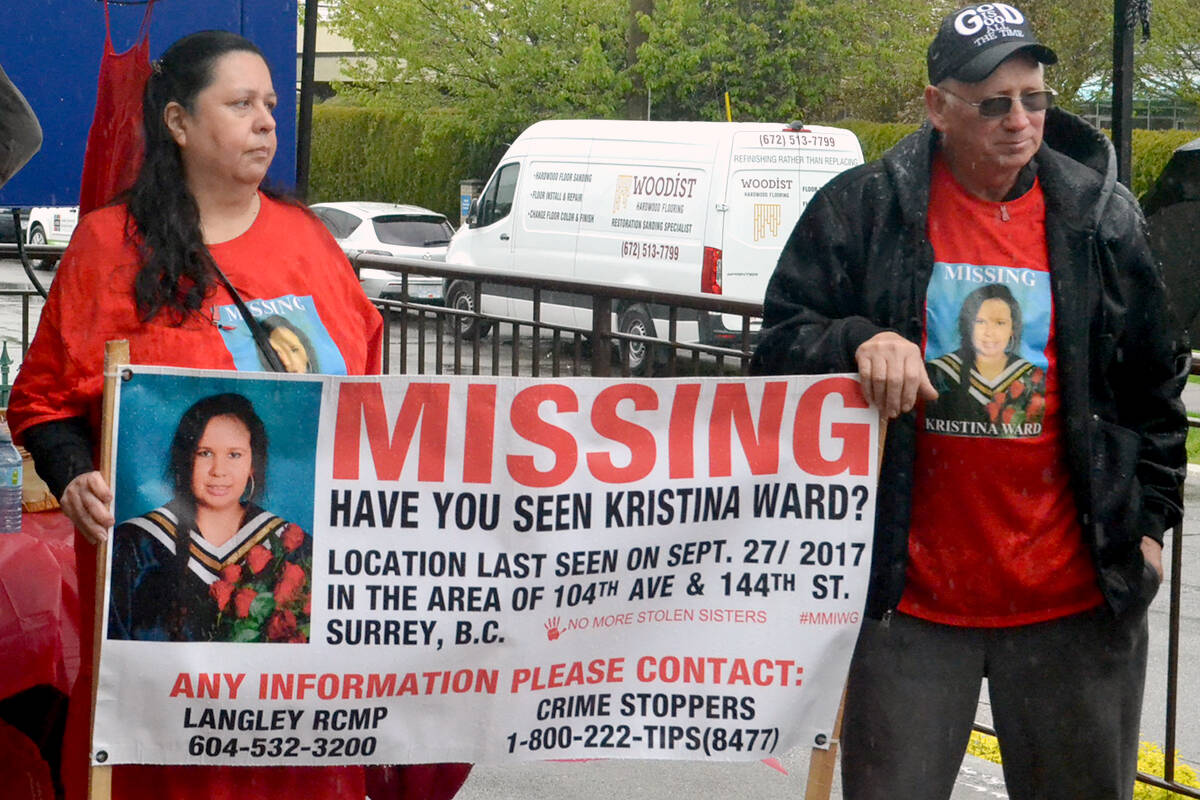 Lee Anne and Art Ward’s daughter Kristina Ward was reported missing in September 2017. The parents were present at the second annual MMIWG march in Langley on Thursday, May 5, 2022. (Tanmay Ahluwalia/Langley Advance Times)