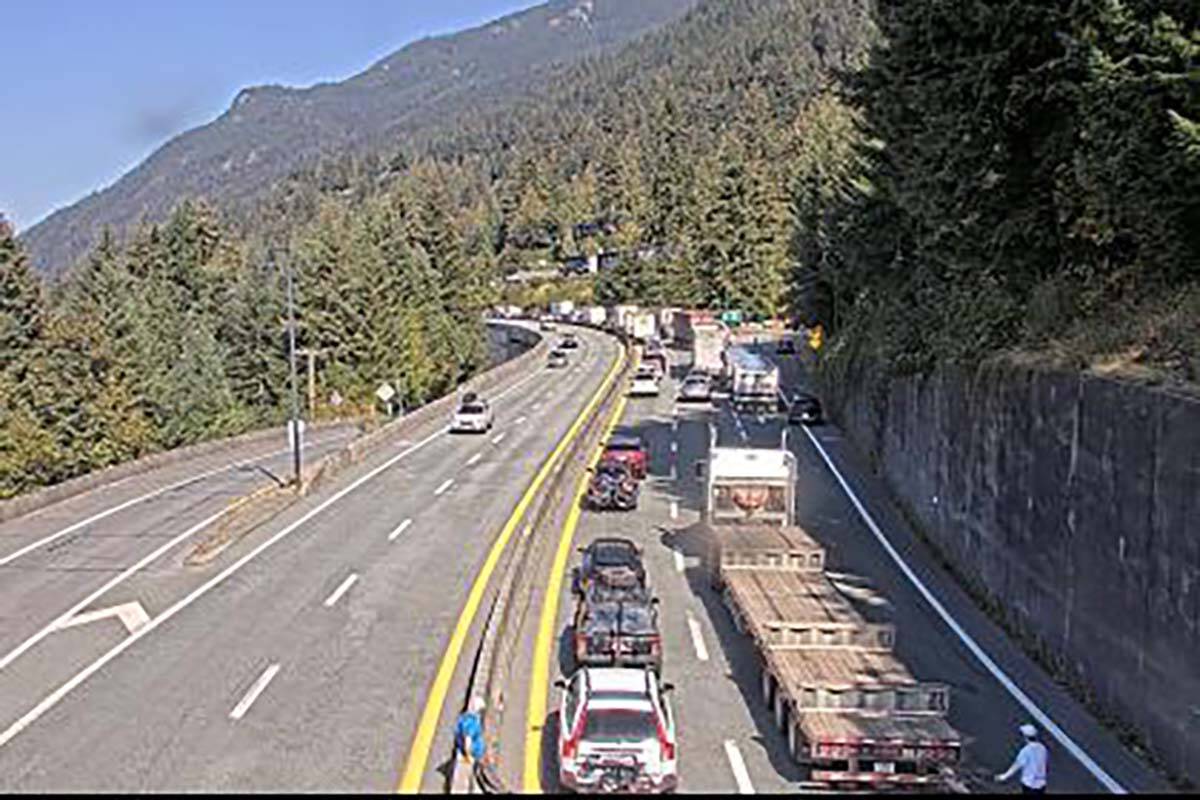 Northbound traffic on the Sea to Sky Highway near Lions Bay is backed up Sept. 27 due to a vehicle crash, as shown by Drive BC highway camera. (Drive BC)