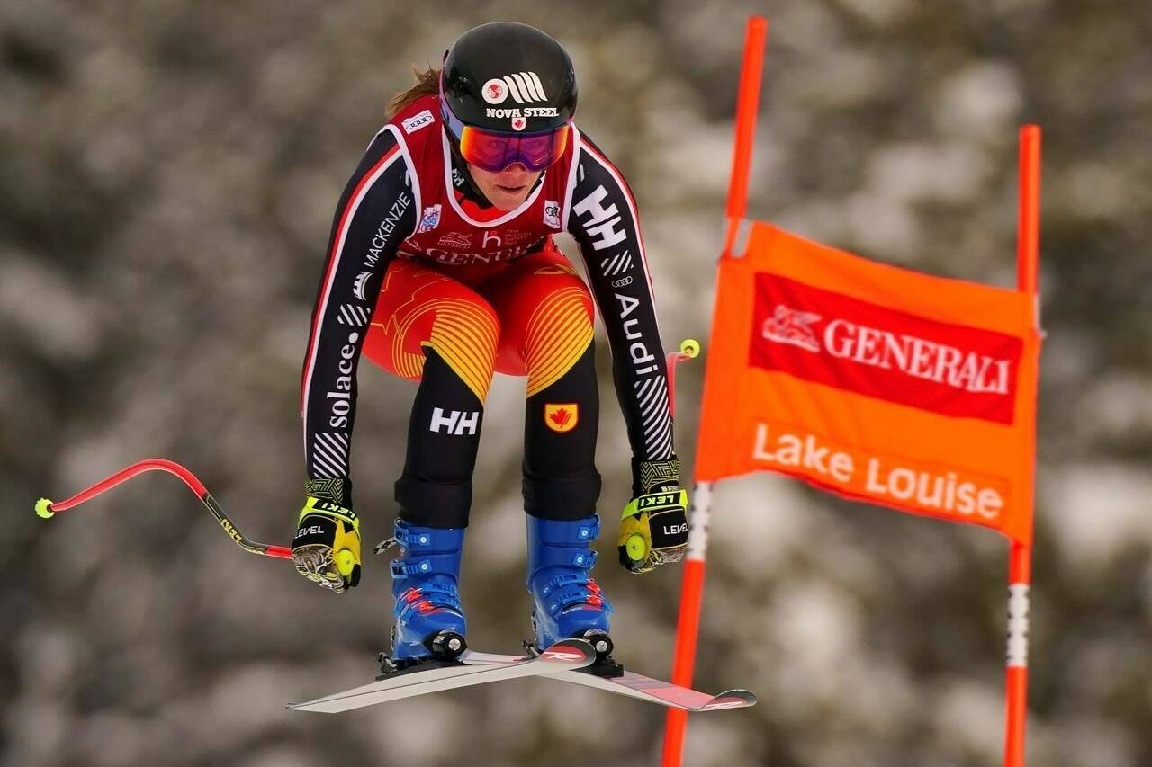 Marie-Michele Gagnon of Lac Etchemin, Que., races down the course in the women's FIS World Cup downhill ski race in Lake Louise, Alta., on December 7, 2019. THE CANADIAN PRESS/Frank Gunn