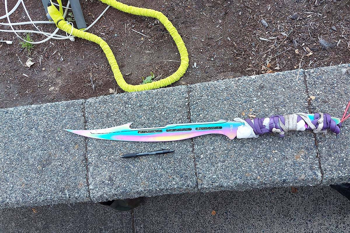 Police say a man swung this sword at an employee during a gas-station robbery in Abbotsford on Monday, Sept. 26. (Abbotsford Police Department photo)