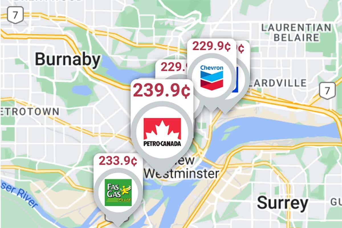 GasBuddy’s price tracking map shows the cost of gas at some pumps in Metro Vancouver Sept. 29 has hit a record high of $2.339 per litre. (GasBuddy/screenshot)