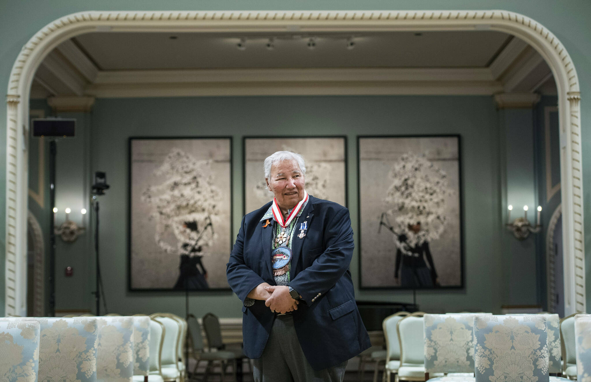 Justice Murray Sinclair, who was Manitoba’s first Indigenous judge, led the Truth and Reconciliation Commission and served as a senator, stands in the ballroom at Rideau Hall after being invested as a companion of the Order of Canada and receiving a Meritorious Service Decoration (Civil Division), in Ottawa, on Thursday, May 26, 2022. THE CANADIAN PRESS/Justin Tang