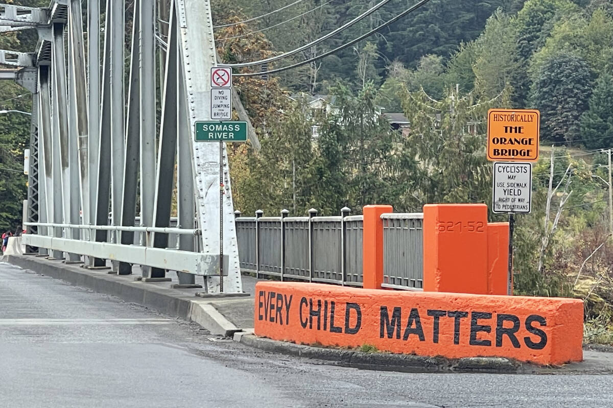 The ‘Every child matters’ barricade painted at the entrance to the ‘Orange Bridge’ (Riverbend Bridge) was vandalized sometime in the evening of Friday, Sept. 30, 2022. (SUSAN QUINN/ Alberni Valley News)