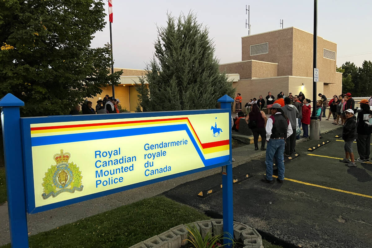 About 100 people gathered Sunday, Oct. 2 outside the Williams Lake RCMP detachment to mourn the loss of 21-year-old Surrance Myers who died Oct. 1 while in police custody. (Angie Mindus photo - Williams Lake Tribune)