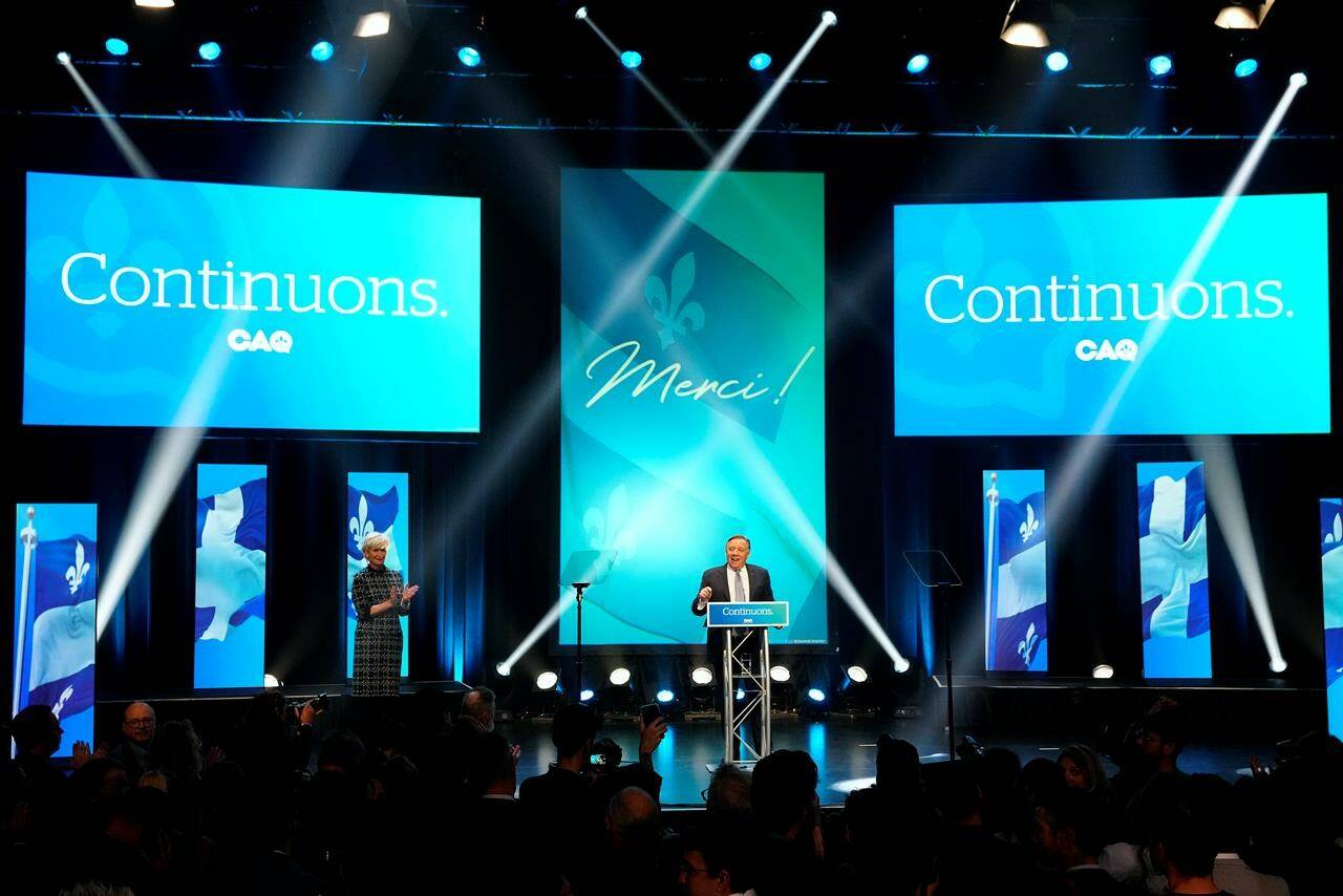 Coalition Avenir Québec Leader François Legault makes his victory speech to supporters at the party's election night headquarters, in Quebec City, Monday, Oct. 3, 2022. THE CANADIAN PRESS/Paul Chiasson