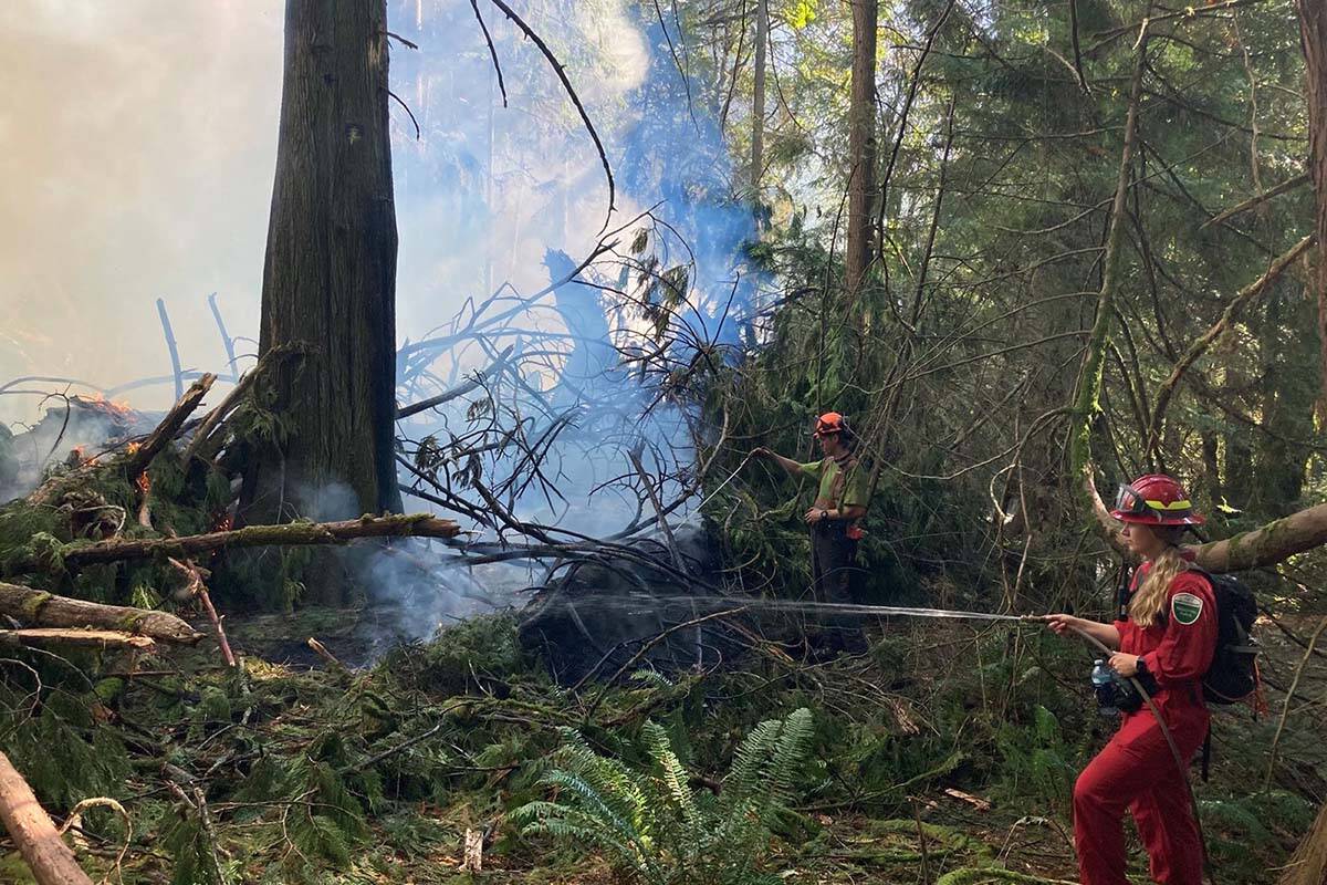 About 50 BC Wildfire Service and Metro Vancouver crew members continue to fight the Minnekhada Regional Park from the ground Oct. 4, 2022. (@metrovanemerg/Twitter)