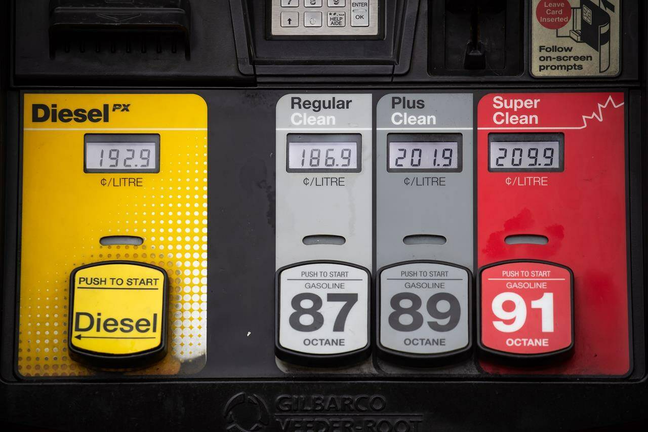 The prices for a litre of diesel and various grades of gasoline are seen on a gas pump at a Petro-Canada station, in Burnaby, B.C., on Wednesday, March 2, 2022. THE CANADIAN PRESS/Darryl Dyck