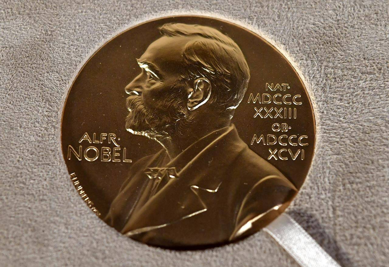 FILE - A Tuesday, Dec. 8, 2020 file photo of a Nobel medal displayed during a ceremony in New York. (Angela Weiss/Pool Photo via AP, File)