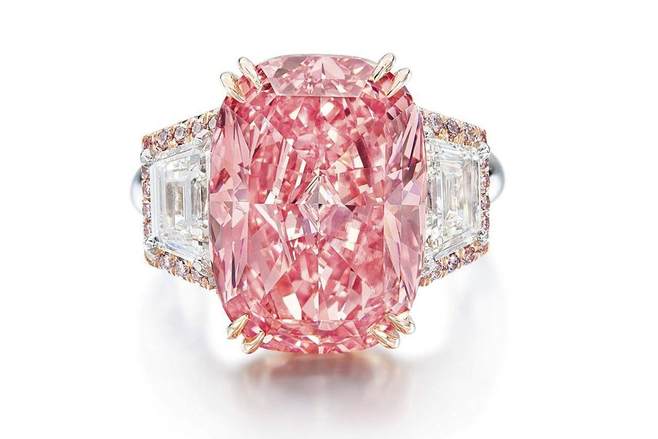 In this undated photo released by Sotheby’s, The Williamson Pink Star is seen. The pink diamond was auctioned off at $49.9 million in Hong Kong on Friday, Oct. 7, 2022, setting a world record for the highest price per carat for a diamond sold at auction. (Sotheby’s via AP)