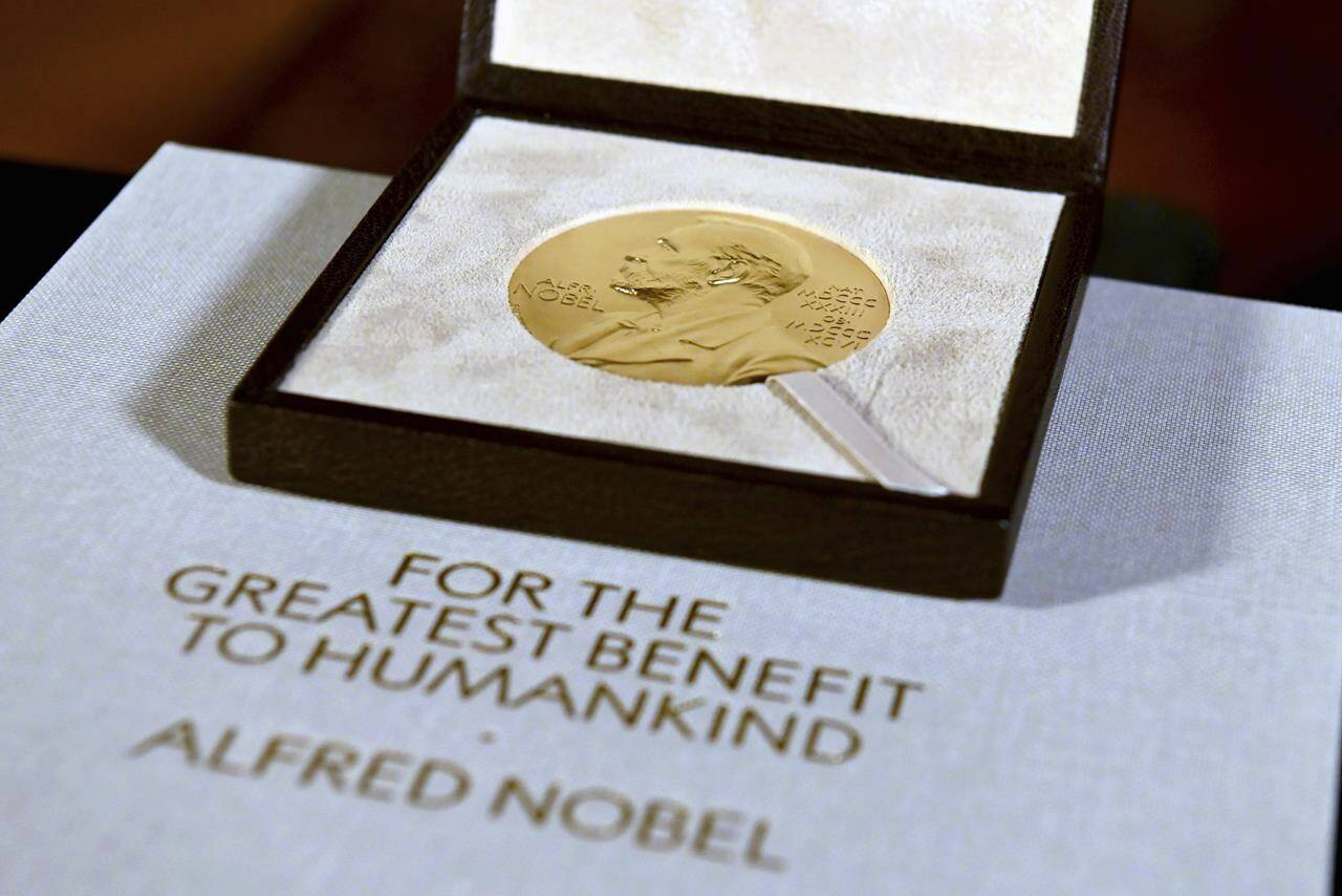 FILE - A Nobel diploma and medal are displayed, Tuesday, Dec. 8, 2020, during a ceremony in New York. (Angela Weiss/Pool Photo via AP, File)