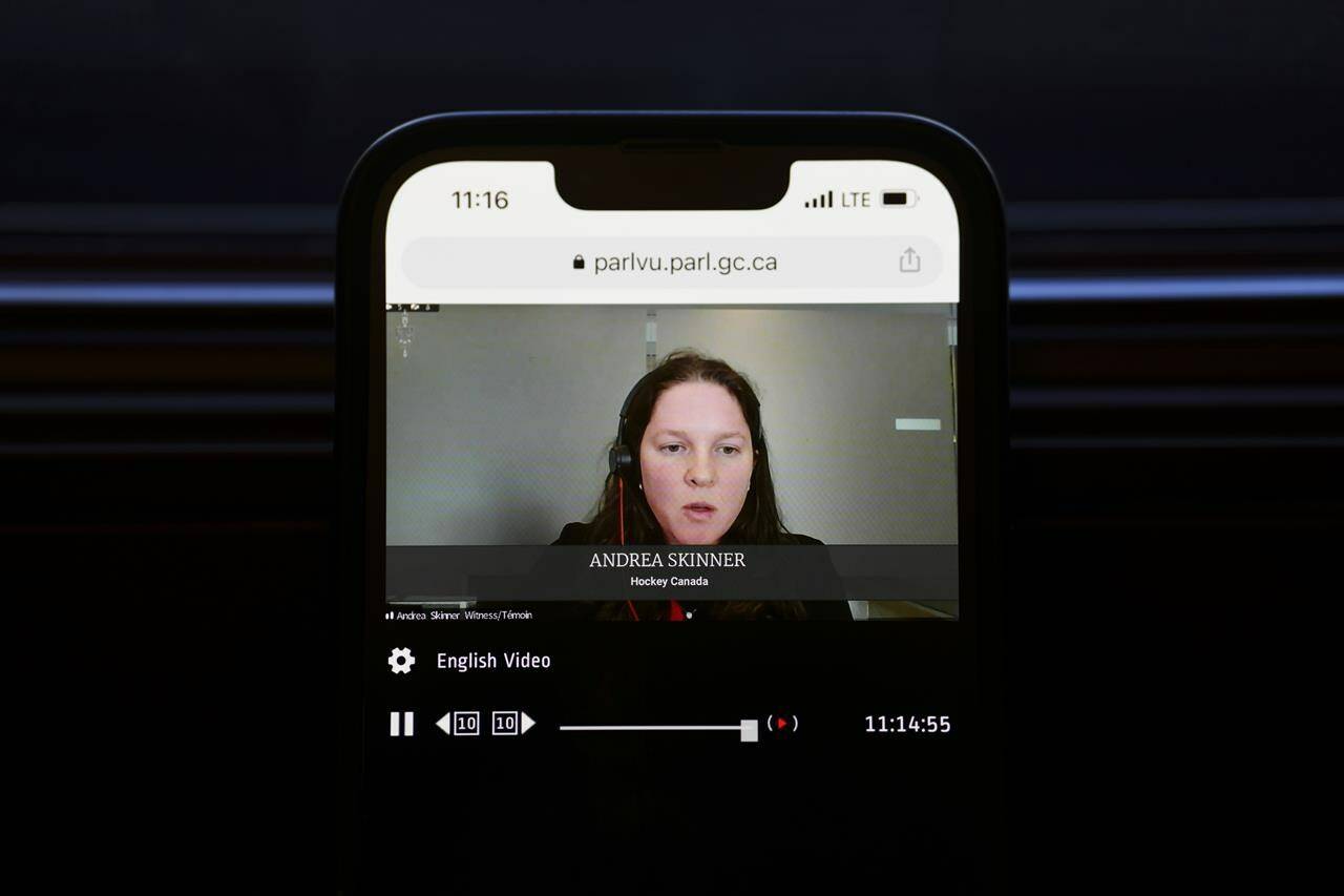 Andrea Skinner, Interim Chair of the Board of Directors, Hockey Canada, is pictured on ParlVU as she appears virtually as a witness at a House of Commons Committee on Canadian Heritage on Parliament Hill in Ottawa on Tuesday, Oct. 4, 2022. Media outlets are reporting that Andrea Skinner, interim chair of Hockey Canada’s board of directors, has submitted her resignation. THE CANADIAN PRESS/Sean Kilpatrick