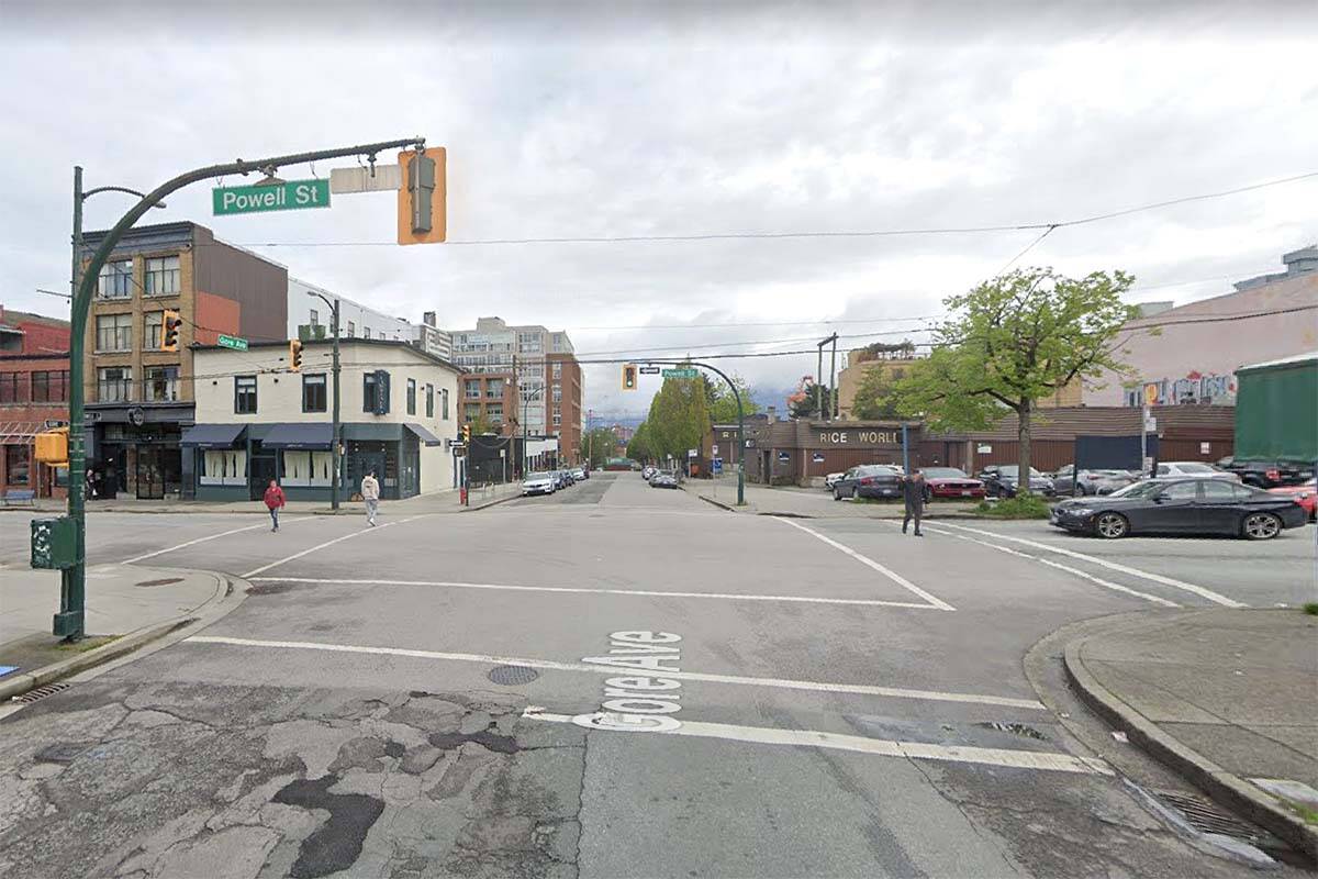 A woman was struck and killed while crossing mid-block near the intersection of Powell and Gore streets in Vancouver on the evening of Oct. 10, 2022. (Google Streetview)