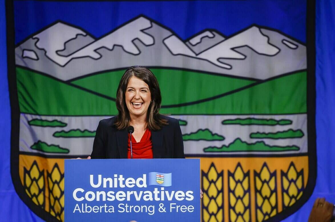 Danielle Smith celebrates after being chosen as the new leader of the United Conservative Party and next Alberta premier in Calgary, Alta., Thursday, Oct. 6, 2022. The new leader of Alberta’s United Conservative Party is to be sworn in as the province’s 19th premier today. THE CANADIAN PRESS/Jeff McIntosh