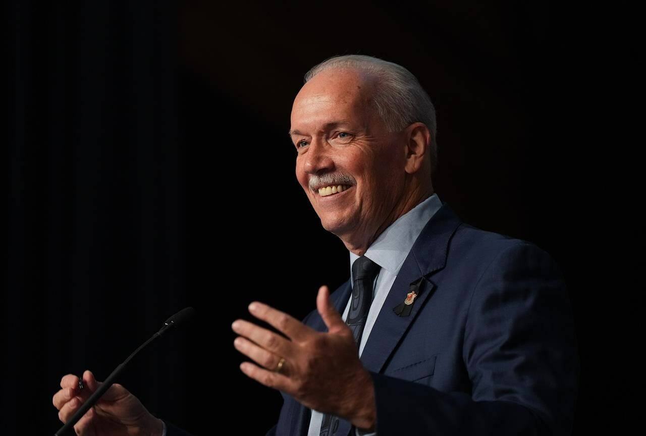 B.C. Premier John Horgan makes an address, in Whistler, B.C., on Friday, Sept. 16, 2022. Horgan says it’s laughable for the new premier of Alberta to suggest unvaccinated people are the most discriminated-against group in her lifetime.THE CANADIAN PRESS/Darryl Dyck