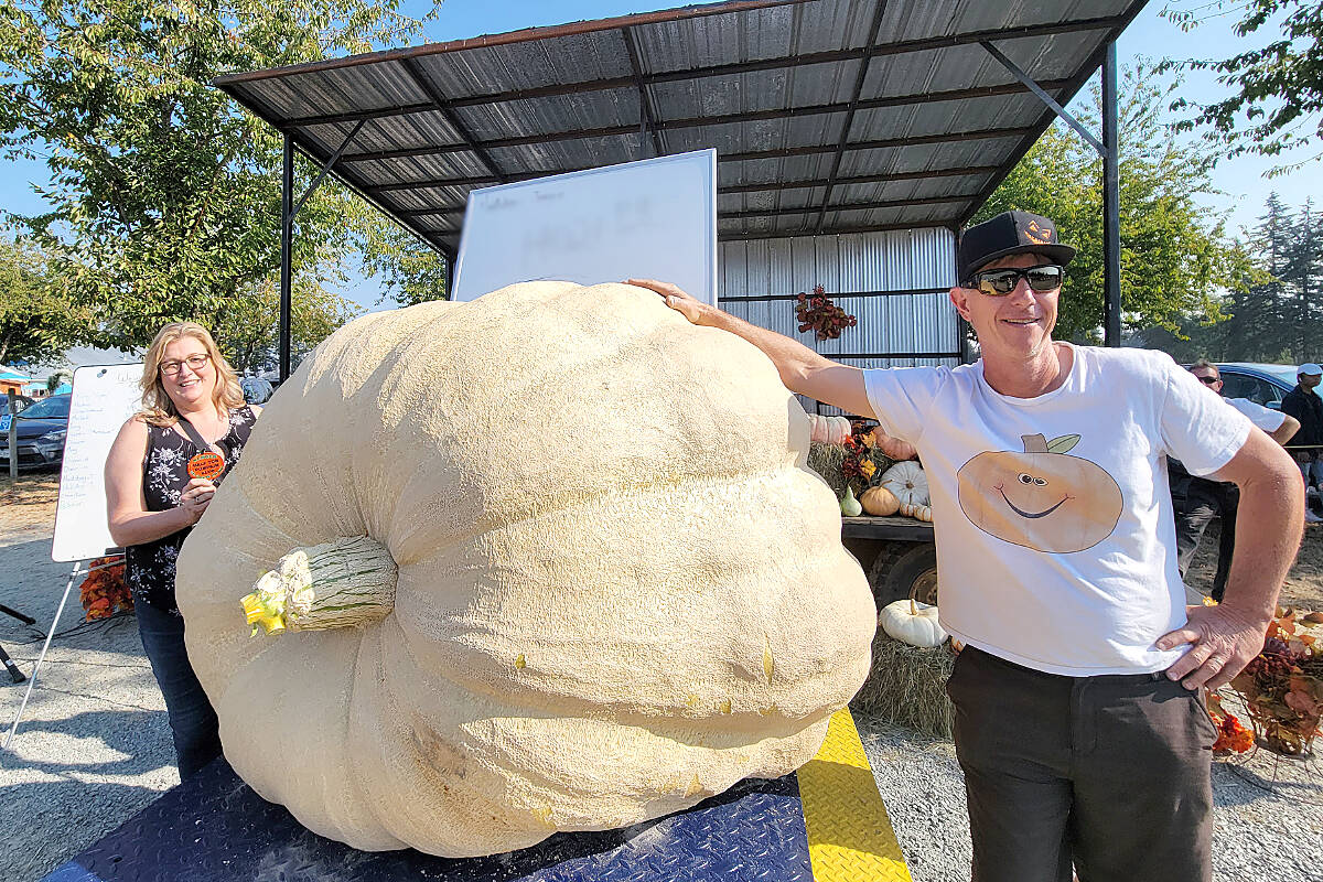 Trevor Halliday (right) has competed at several Giant Pumpkin Weigh-Off events at Langley’s Krause Berry Farm in the past, but his wife Joanne (left) competed for the first time this year. (Dan Ferguson/Langley Advance Times)