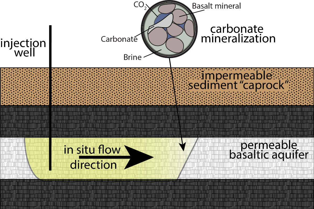 Captured carbon dioxide is injected into porous rock on the ocean floor and then solidifies into carbonate rock. (Courtesy of University of Victoria)