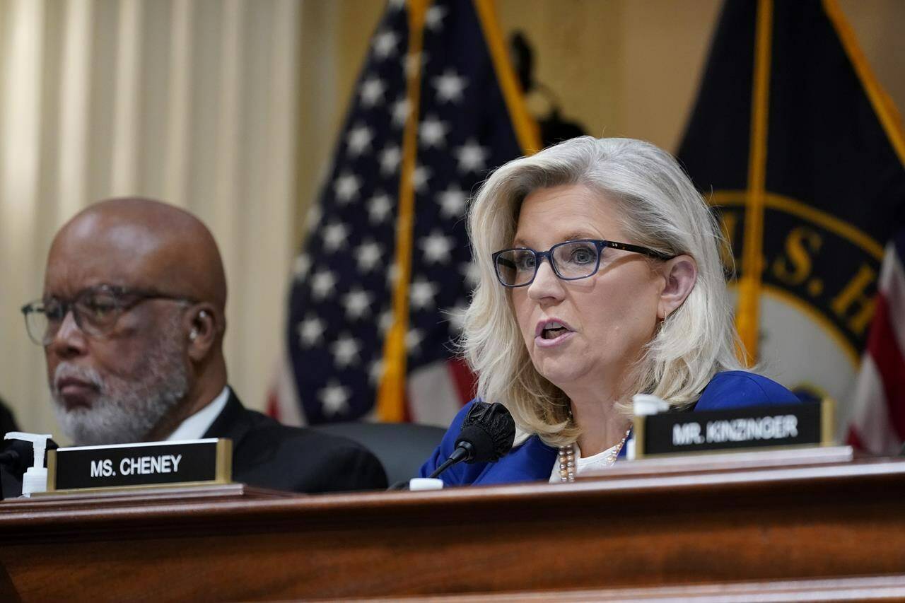 Vice Chair Liz Cheney, R-Wyo., speaks as the House select committee investigating the Jan. 6 attack on the U.S. Capitol, holds a hearing on Capitol Hill in Washington, Thursday, Oct. 13, 2022. Chairman Bennie Thompson, D-Miss., is left. (AP Photo/J. Scott Applewhite)