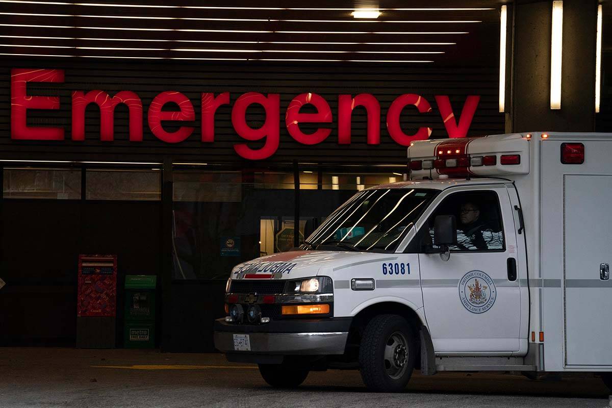 A ambulance drives past the emergency entrance of Vancouver General Hospital in Vancouver on April 9, 2021. B.C. hospital workers are being trained on how to respond to active attacker situations as of October 2022. THE CANADIAN PRESS/Jonathan Hayward