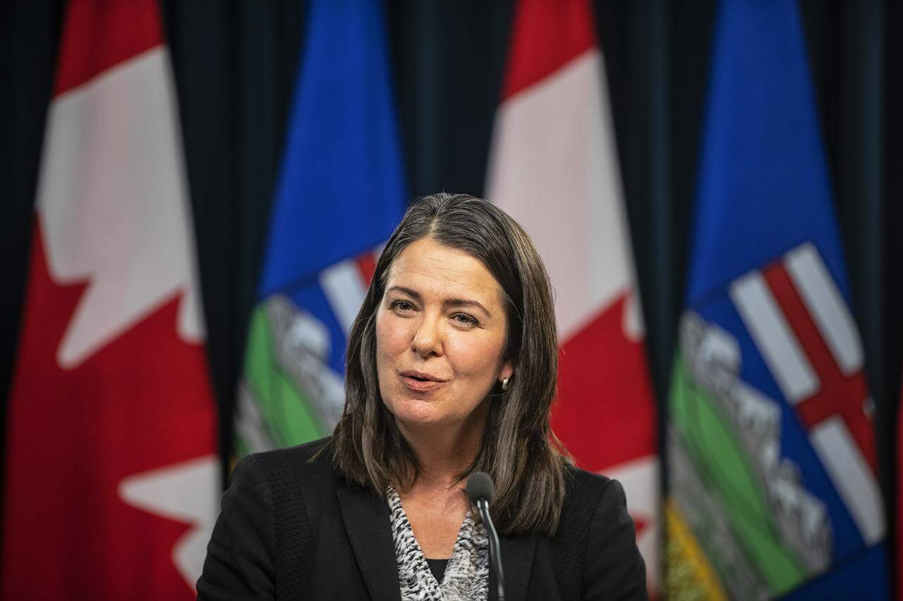 Alberta Premier Danielle Smith holds her first press conference in Edmonton, Tuesday, Oct. 11, 2022. Alberta’s Opposition NDP says Premier Danielle Smith needs to apologize for her remarks on the Russia-Ukraine war. THE CANADIAN PRESS/Jason Franson