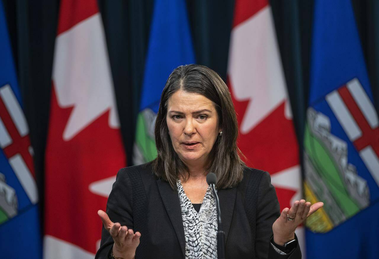 Alberta Premier Danielle Smith holds her first press conference in Edmonton, on Tuesday October 11, 2022. Alberta Premier Danielle Smith says she is apologizing for what she calls “ill-informed comments on Russia’s invasion of Ukraine.” THE CANADIAN PRESS/Jason Franson