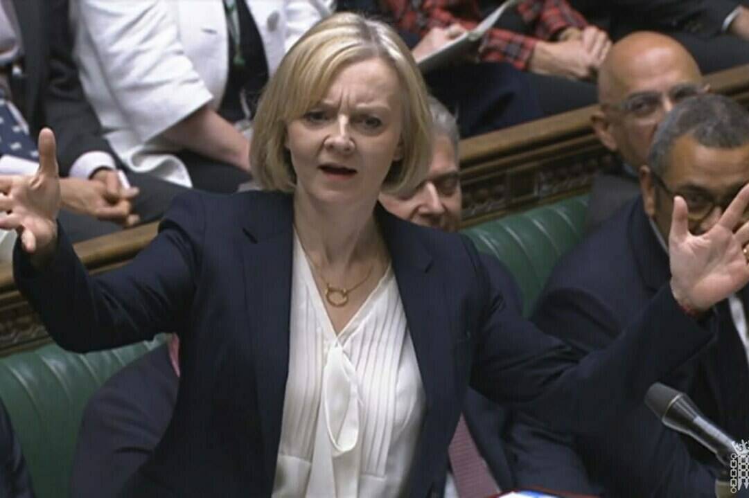 In this grab taken from video from the House of Commons, Prime Minister Liz Truss speaks during Prime Minister’s Questions in the House of Commons in London, Wednesday Oct. 19, 2022. (House of Commons/PA via AP)