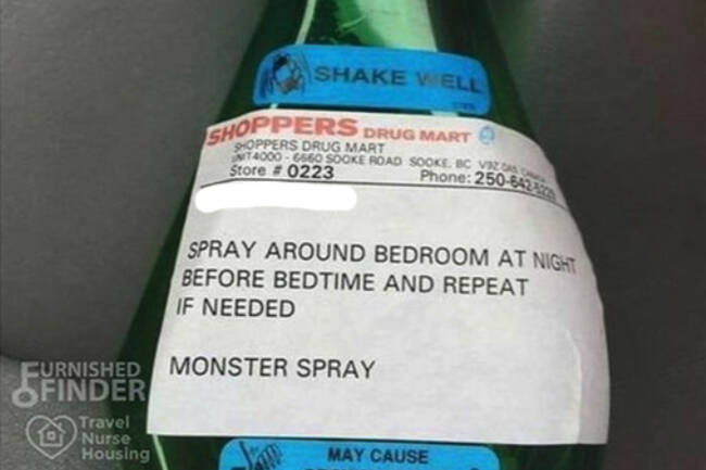 A 'monster spray' prescription filled by a Sooke pharmacy is catching attention on social media. Black Press Media has altered this image to remove the name of a child. (The Dad/Instagram)