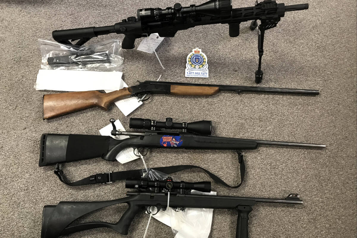 Conservation officers seized five firearms during an arrest Thursday, Oct. 20 west of Williams Lake where three individuals were hunting at night on private property. (BC Conservation Officer Service photo)