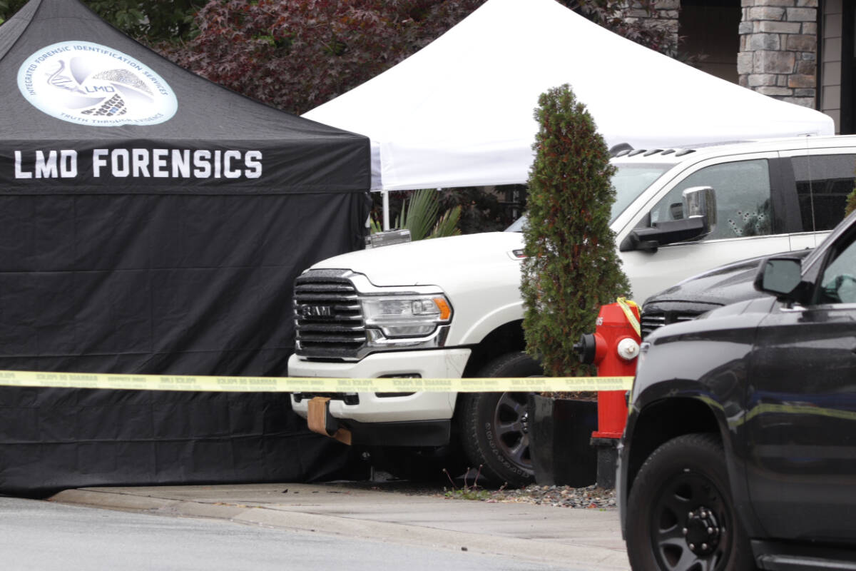 A series of bullet holes can be seen in the driver’s side window of an SUV in a Willoughby neighbourhood. Police confirm a man was shot to death Thursday evening (Oct. 20, 2022) (Shane MacKichan/Special to Langley Advance Times)