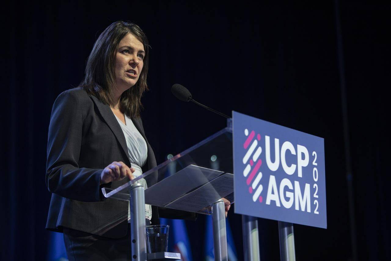 Alberta Premier Danielle Smith speaks at the United Conservative Party AGM in Edmonton, Saturday, Oct. 22, 2022. Alberta’s new cabinet will be sworn in today at a ceremony at Government House in Edmonton. THE CANADIAN PRESS/Amber Bracken